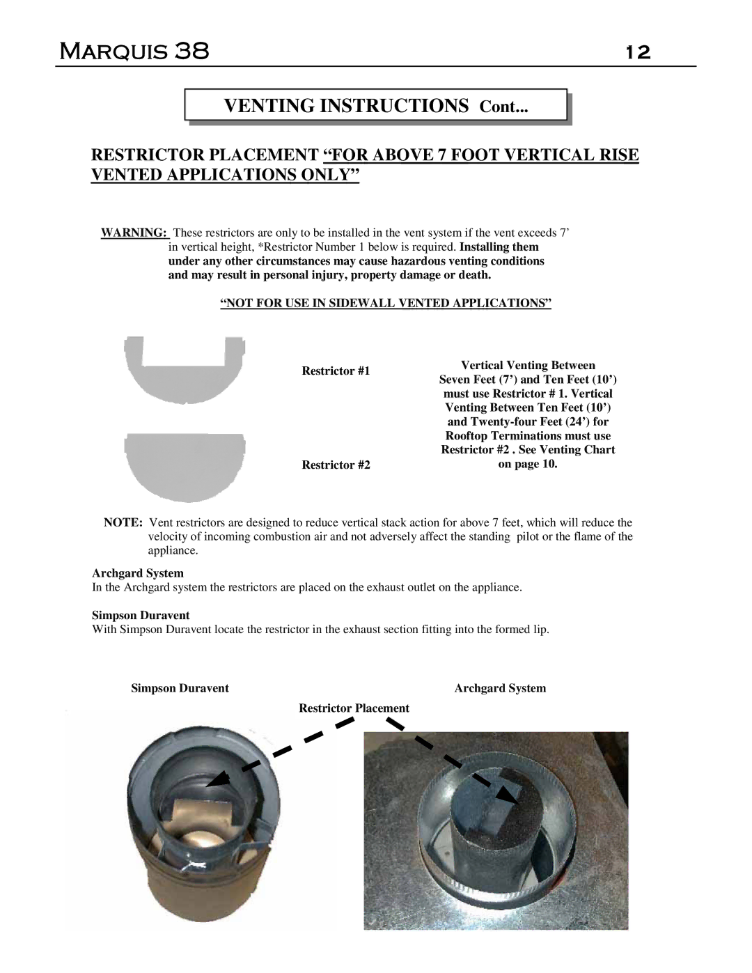 Marquis DVT-38, DVR-38 manual Not for USE in Sidewall Vented Applications 