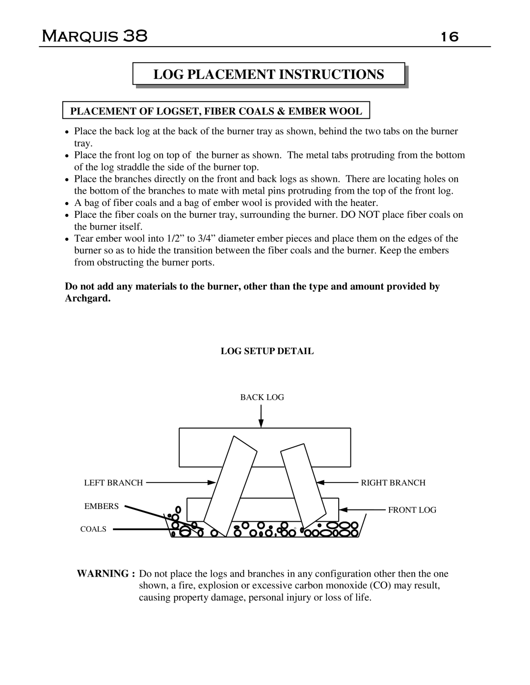 Marquis DVT-38, DVR-38 manual LOG Placement Instructions, Placement of LOGSET, Fiber Coals & Ember Wool 