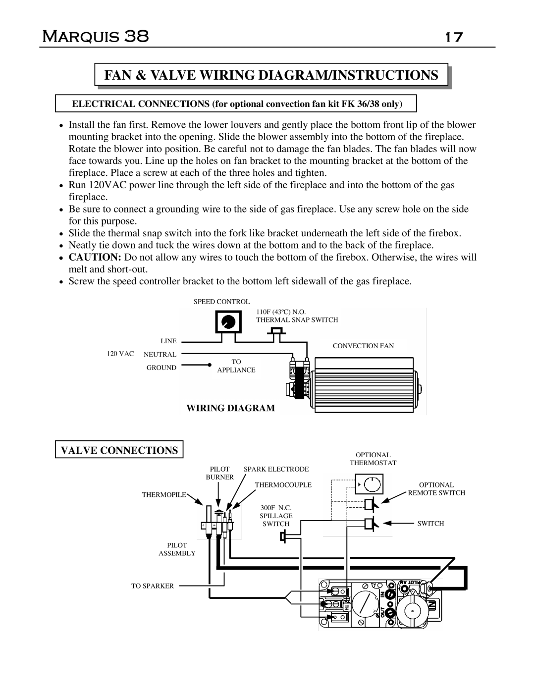 Marquis DVR-38, DVT-38 manual FAN & Valve Wiring DIAGRAM/INSTRUCTIONS, Valve Connections 