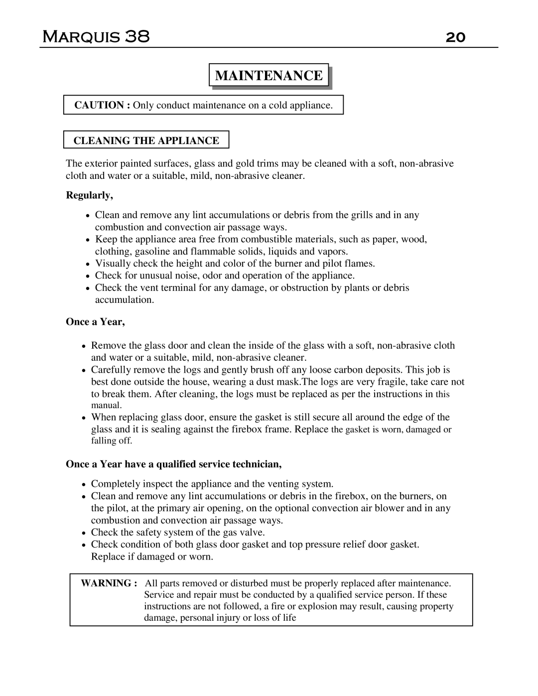 Marquis DVT-38, DVR-38 manual Maintenance, Cleaning the Appliance 