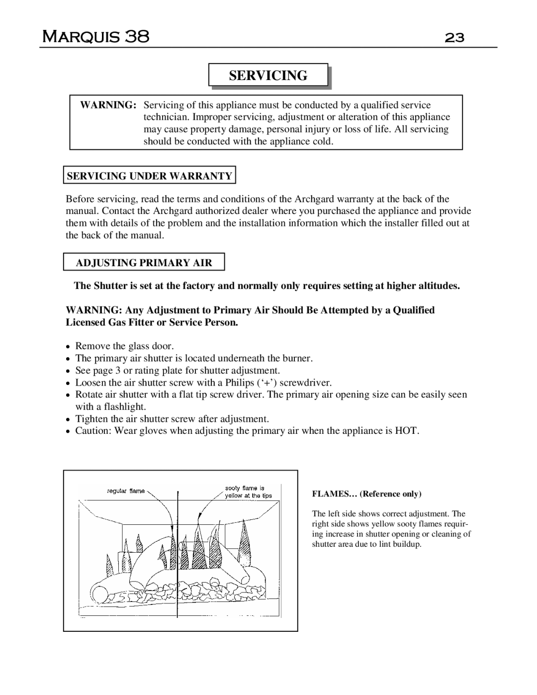 Marquis DVR-38, DVT-38 manual Servicing Under Warranty, Adjusting Primary AIR 