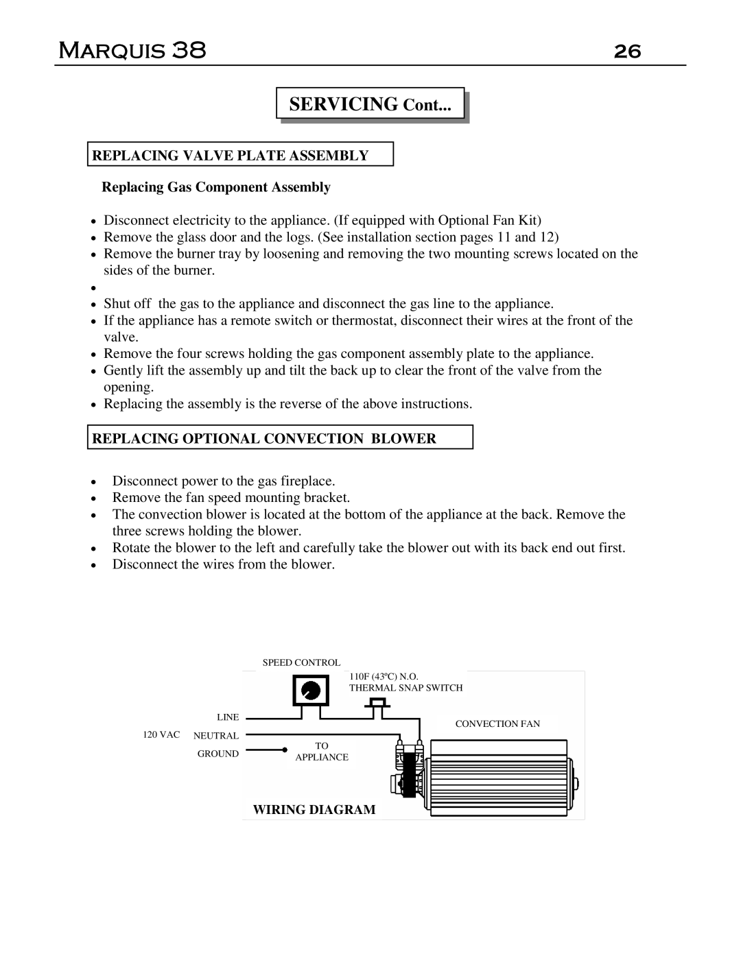 Marquis DVT-38, DVR-38 manual Replacing Valve Plate Assembly, Replacing Optional Convection Blower 