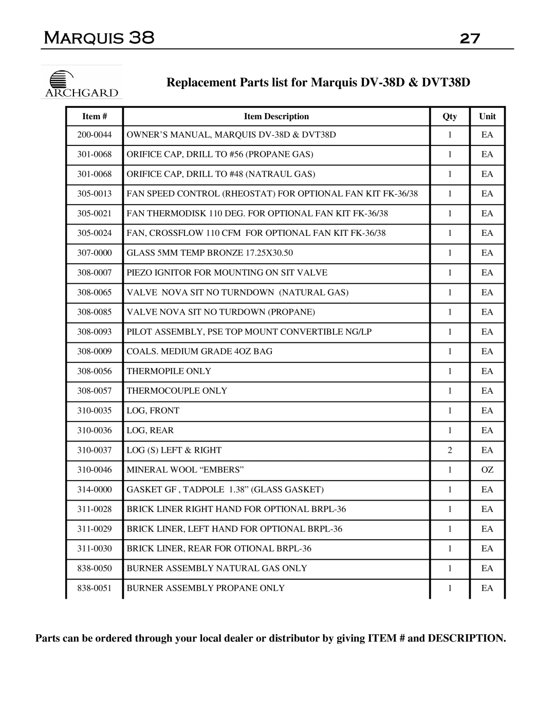 Marquis DVR-38, DVT-38 manual Replacement Parts list for Marquis DV-38D & DVT38D 