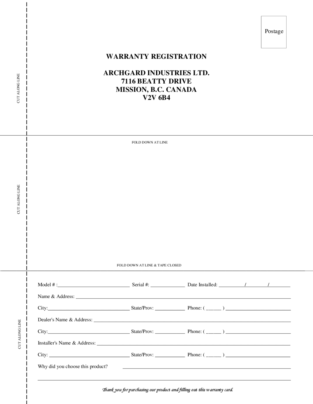 Marquis DVT-38, DVR-38 manual Warranty Registration Beatty Drive MISSION, B.C. Canada 