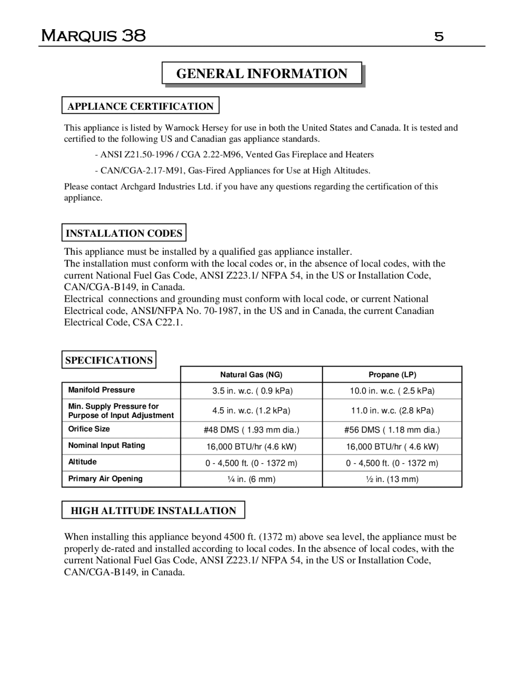 Marquis DVR-38, DVT-38 manual General Information, Appliance Certification, Installation Codes, Specifications 