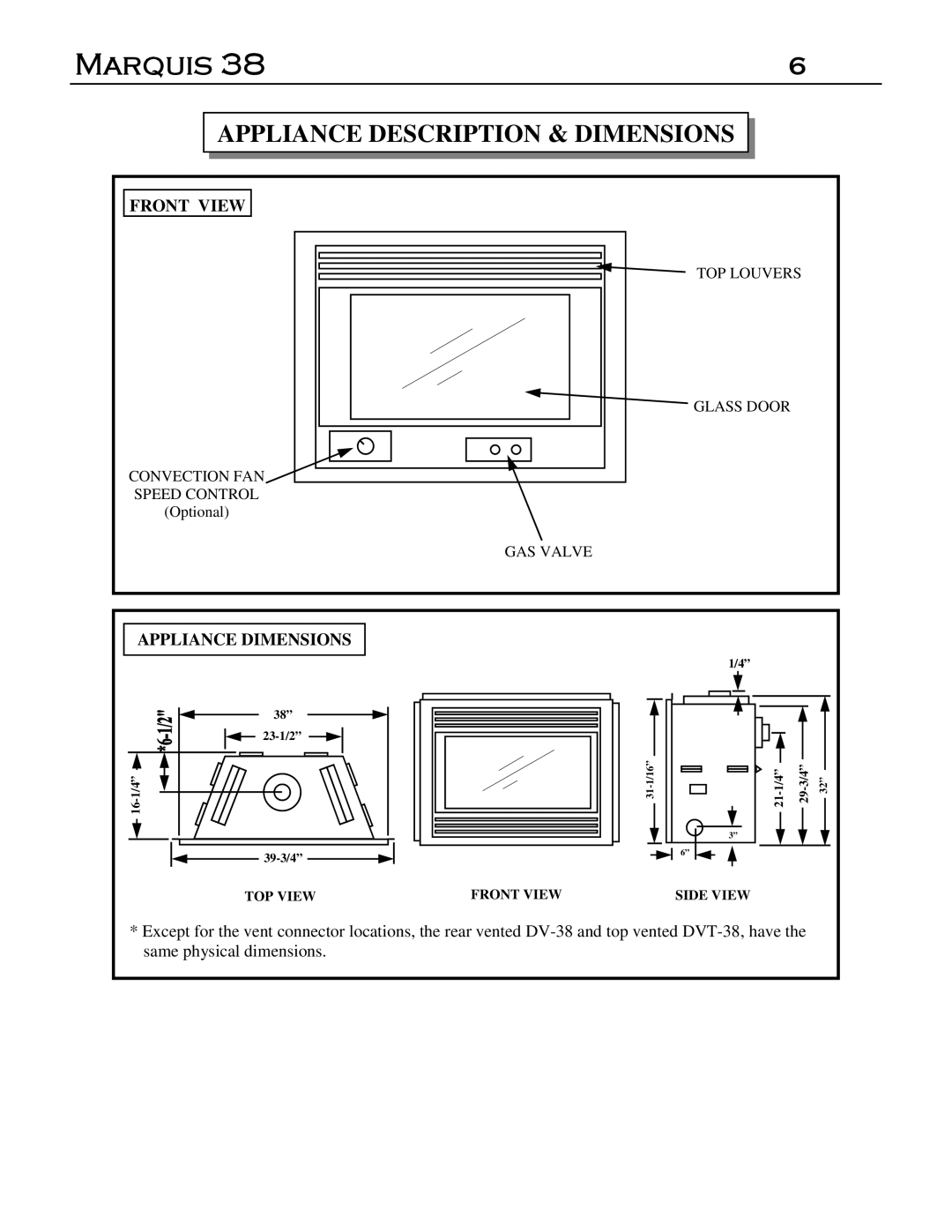 Marquis DVT-38, DVR-38 manual Appliance Description & Dimensions, Front View 