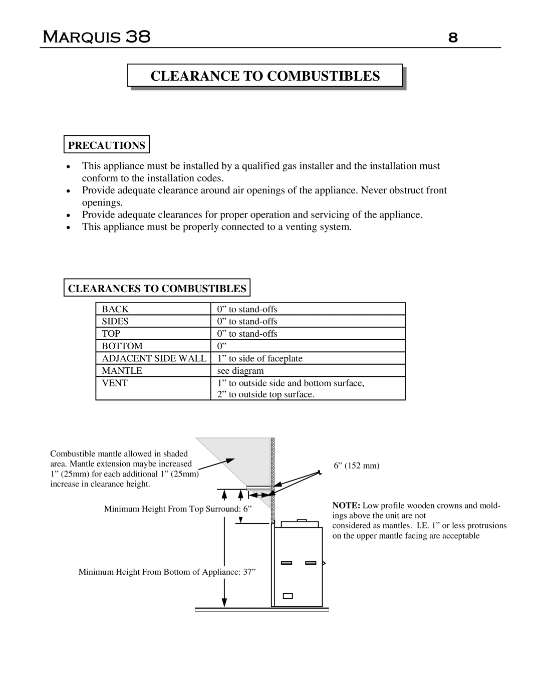 Marquis DVT-38, DVR-38 manual Clearance to Combustibles, Precautions, Clearances to Combustibles 