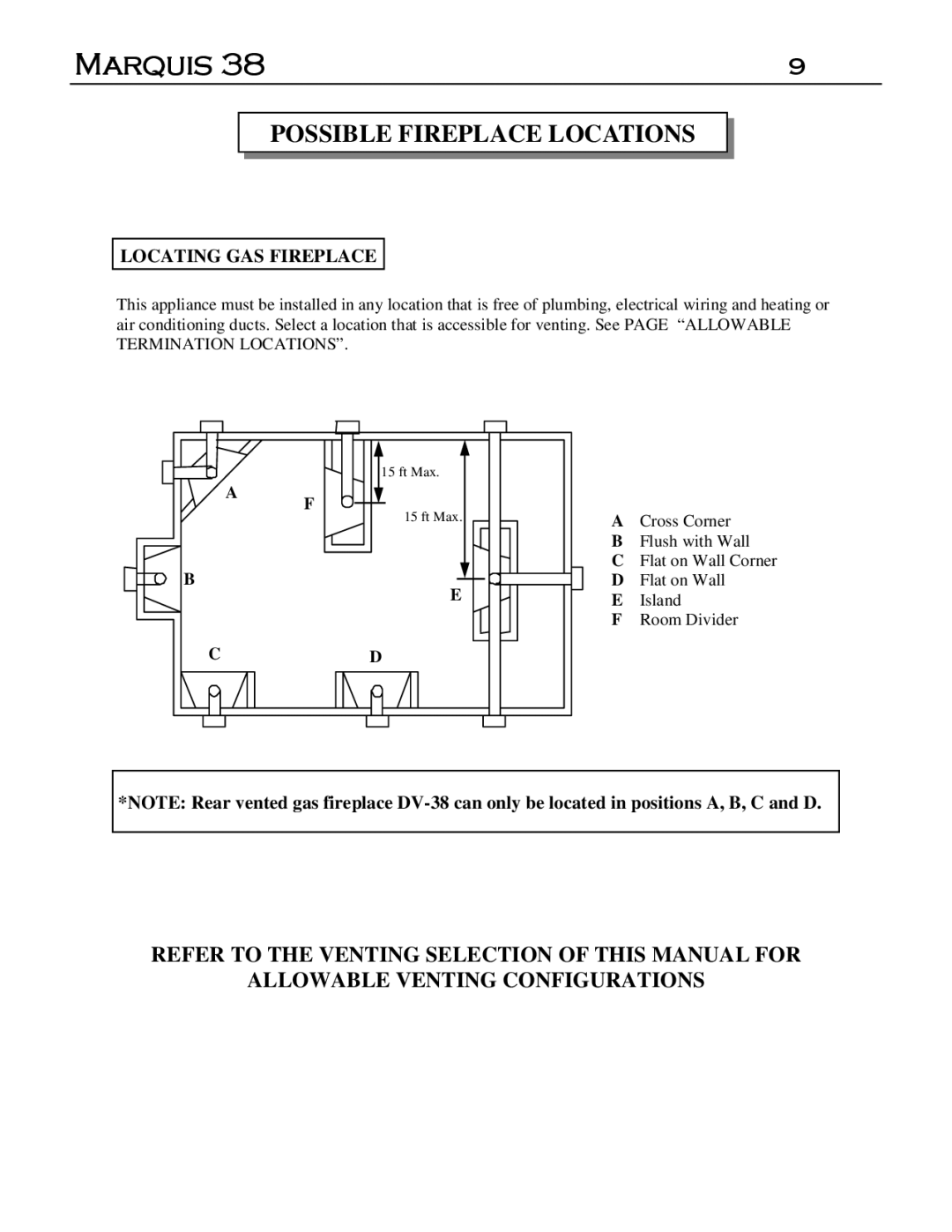 Marquis DVR-38, DVT-38 manual Possible Fireplace Locations, Locating GAS Fireplace 