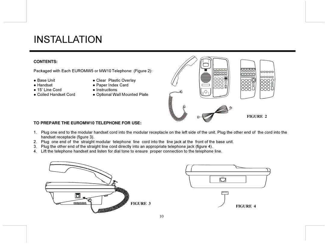 Marquis EUROMW5 manual Installation, Contents, To Prepare the EUROMW10 Telephone for USE 