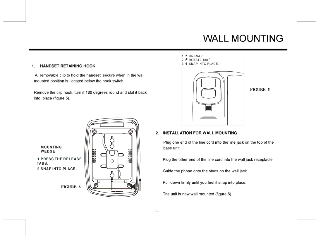 Marquis MW10, EUROMW5 manual Handset Retaining Hook, Installation for Wall Mounting 