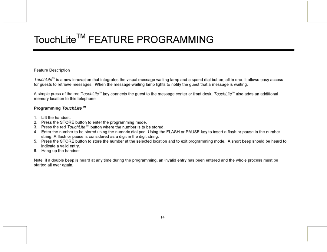 Marquis EUROMW5, MW10 manual TouchLiteTM Feature Programming, Programming TouchLite tm 