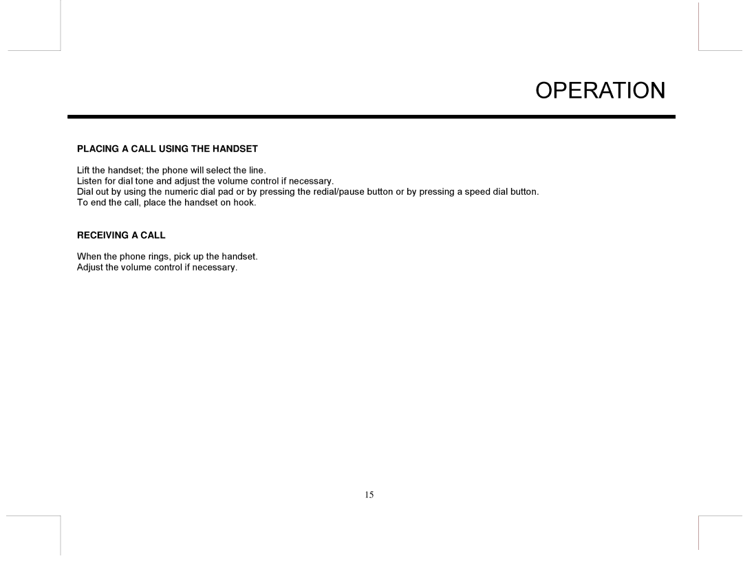 Marquis MW10, EUROMW5 manual Operation, Placing a Call Using the Handset, Receiving a Call 