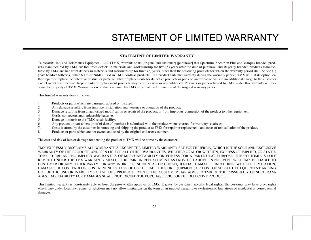 Marquis MW10, EUROMW5 manual Statement of Limited Warranty 