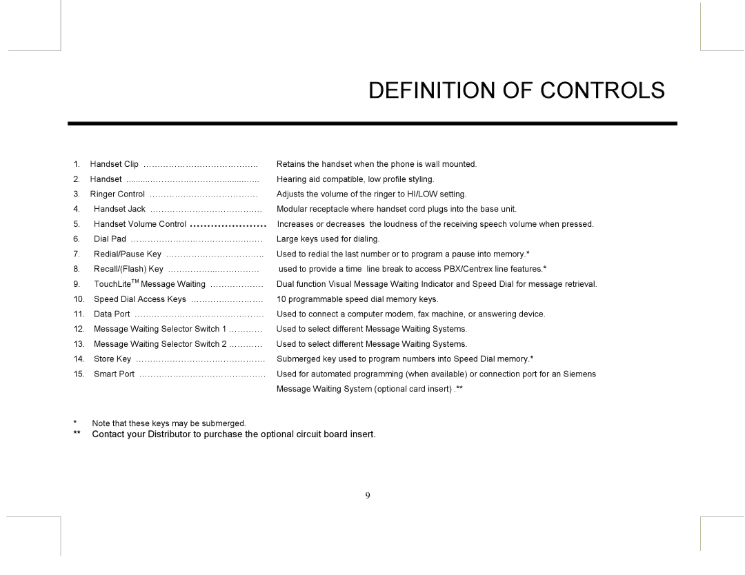 Marquis MW10, EUROMW5 manual Definition of Controls 