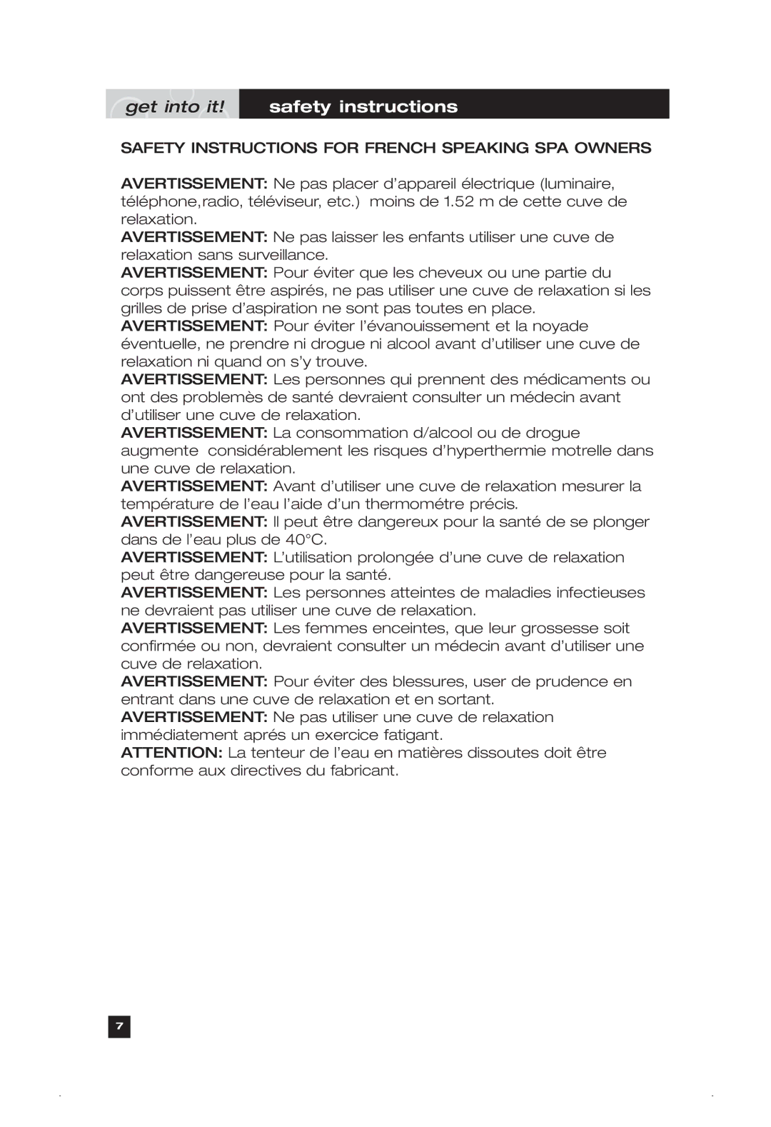 Marquis Everyday Hot Tub owner manual Safety Instructions for French Speaking SPA Owners 