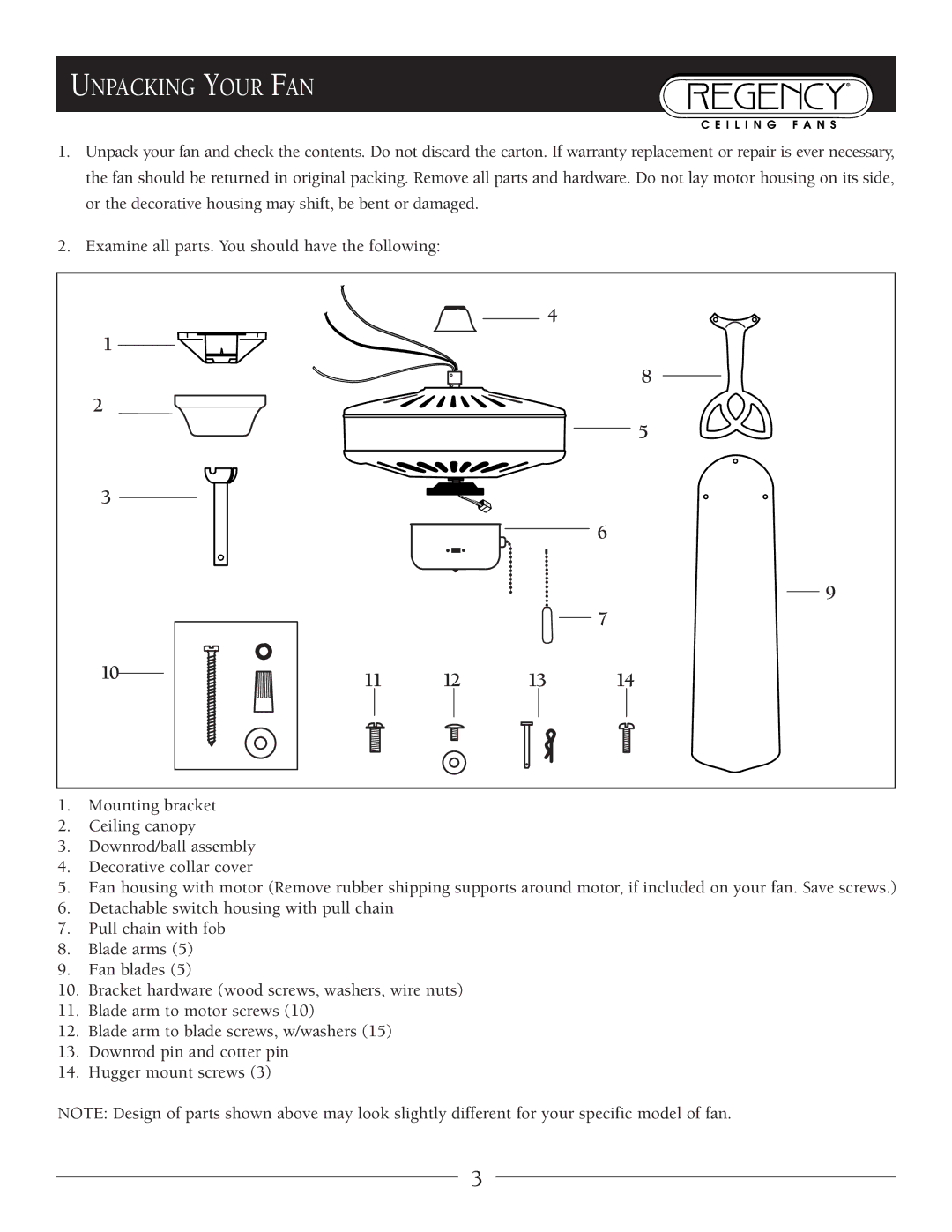 Marquis SERIES owner manual Unpacking Your FAN, 11 12 13 