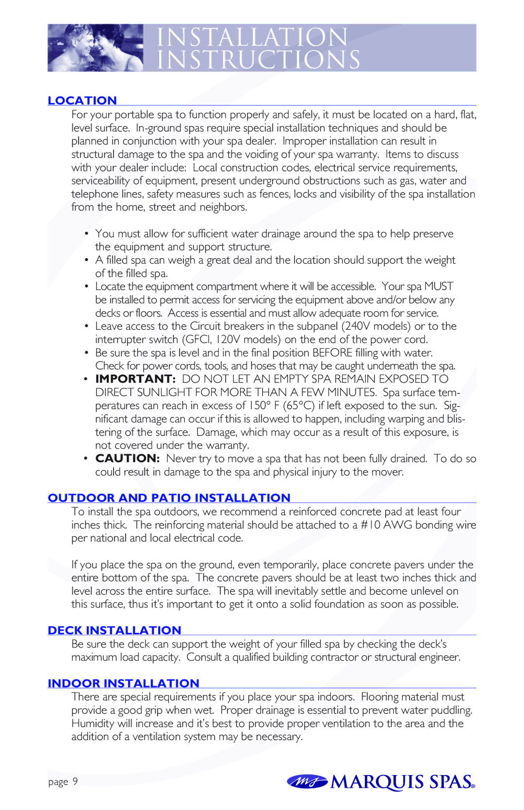 Marquis Spas Installation Instructions, Location, Outdoor and Patio Installation, Deck Installation, Indoor Installation 