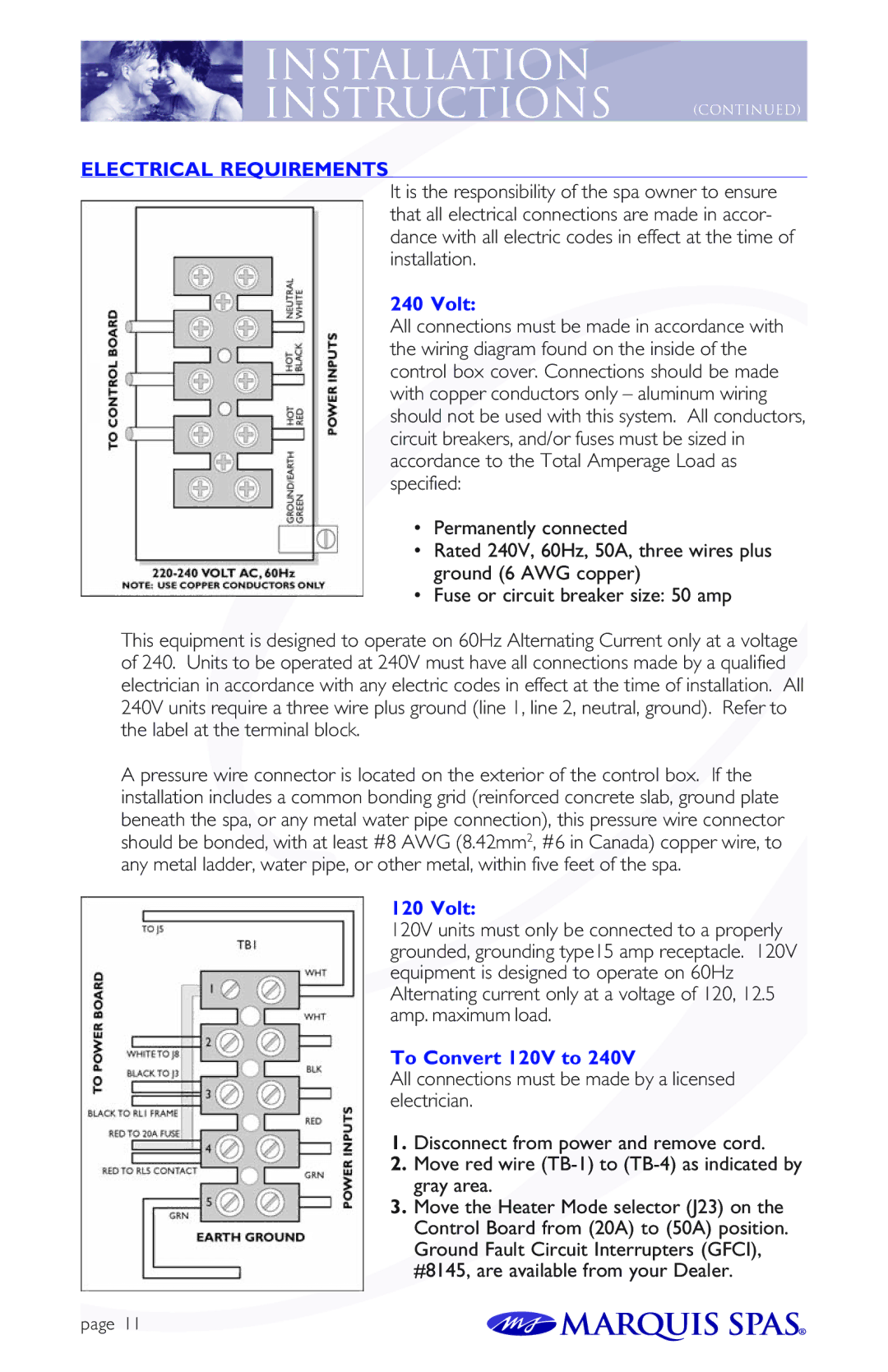 Marquis Spas owner manual Electrical Requirements, Volt, To Convert 120V to 