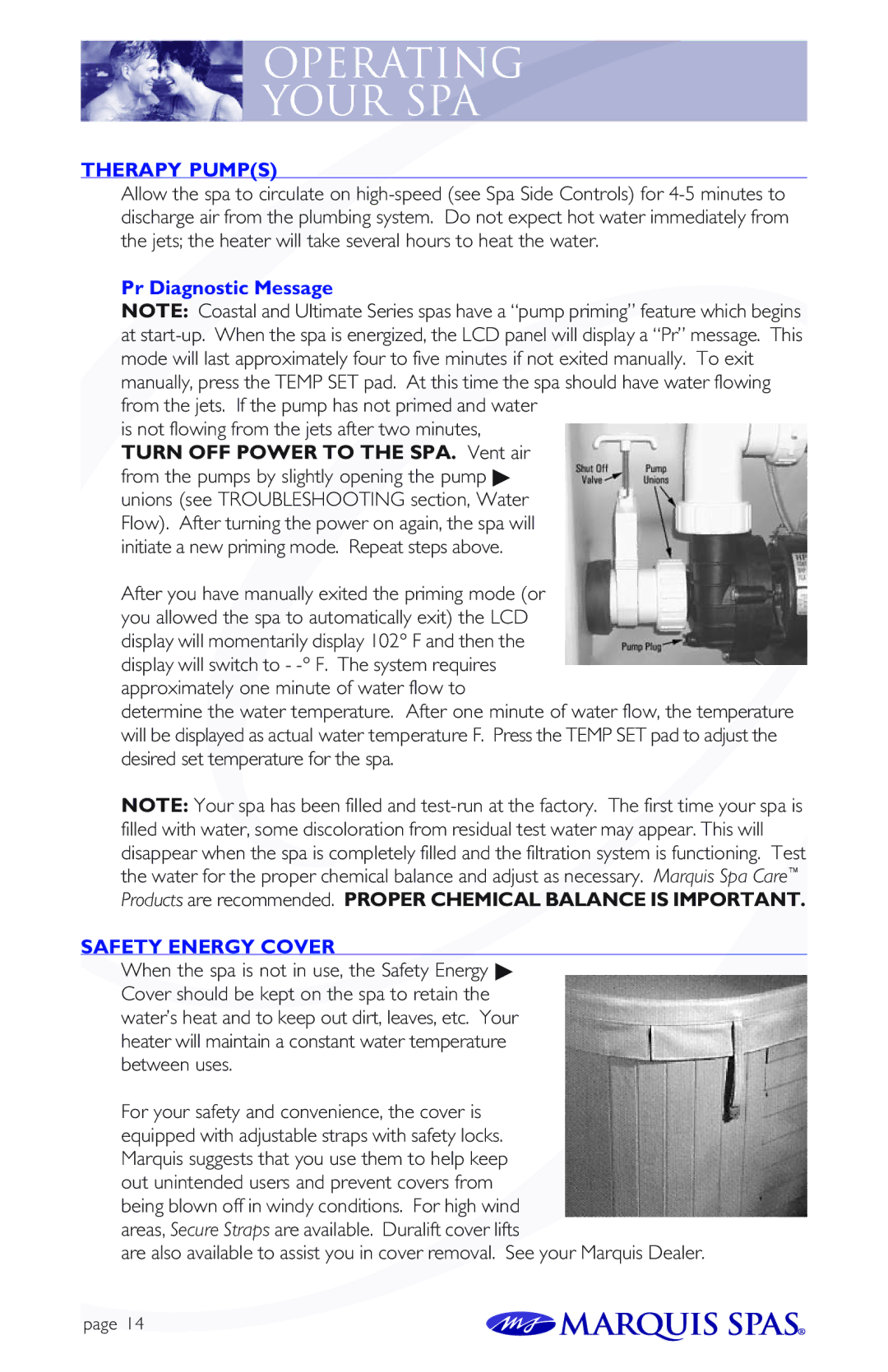 Marquis Spas owner manual Operating Your SPA, Therapy Pumps, Pr Diagnostic Message, Safety Energy Cover 