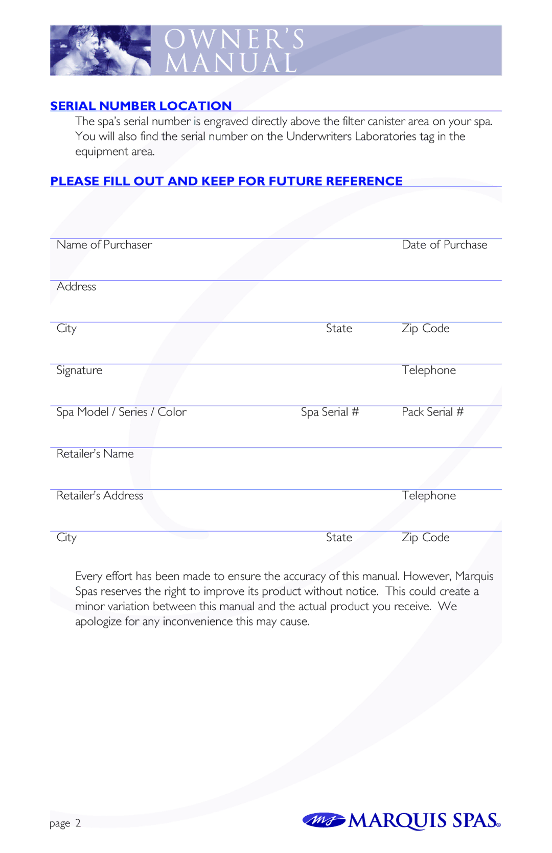 Marquis Spas owner manual Serial Number Location, Please Fill OUT and Keep for Future Reference 