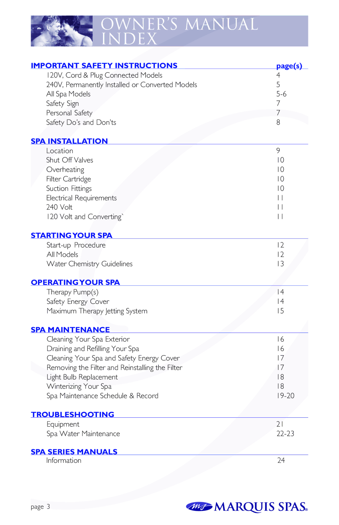 Marquis Spas owner manual Index 