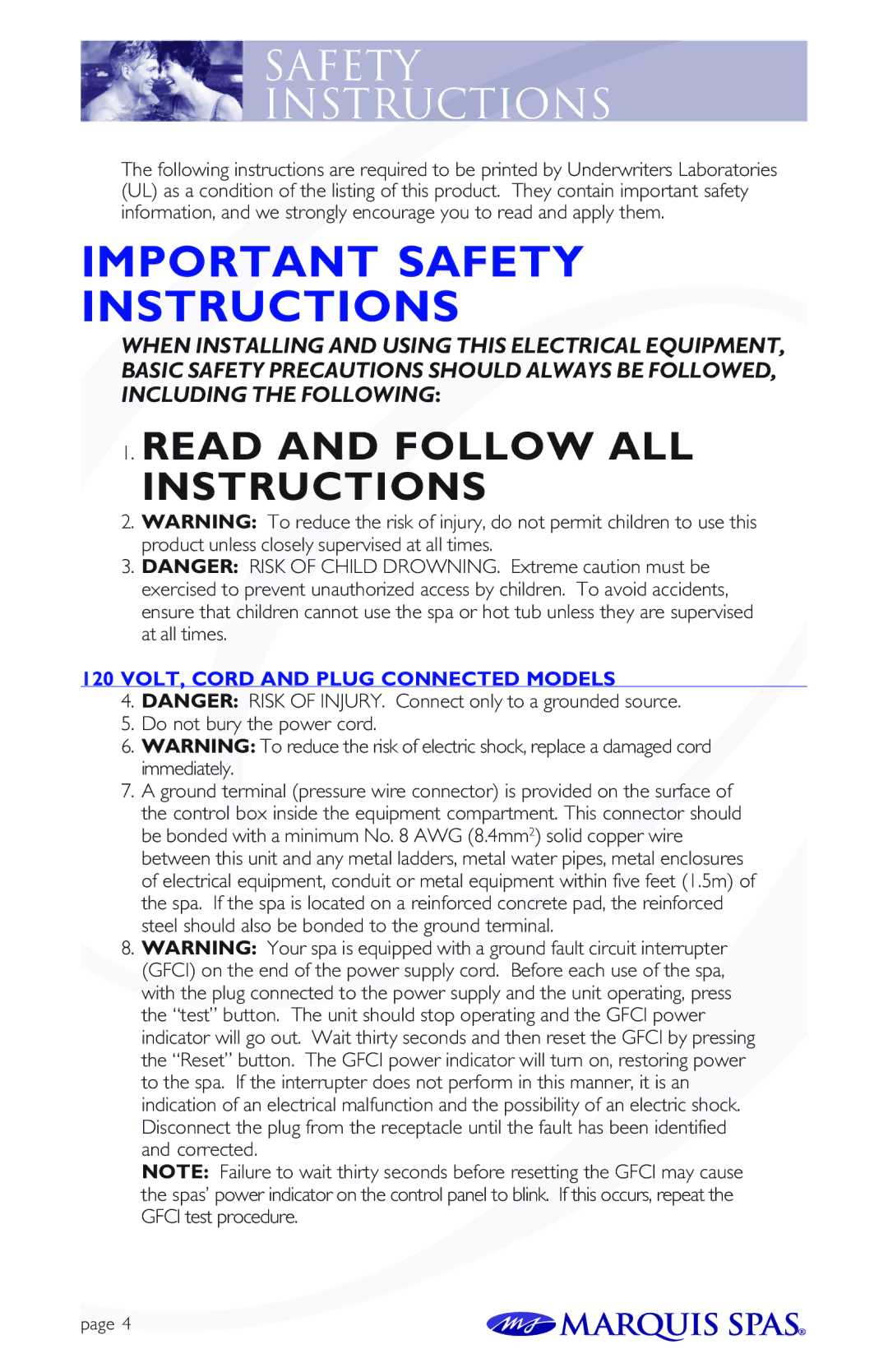 Marquis Spas owner manual Safety Instructions, VOLT, Cord and Plug Connected Models 