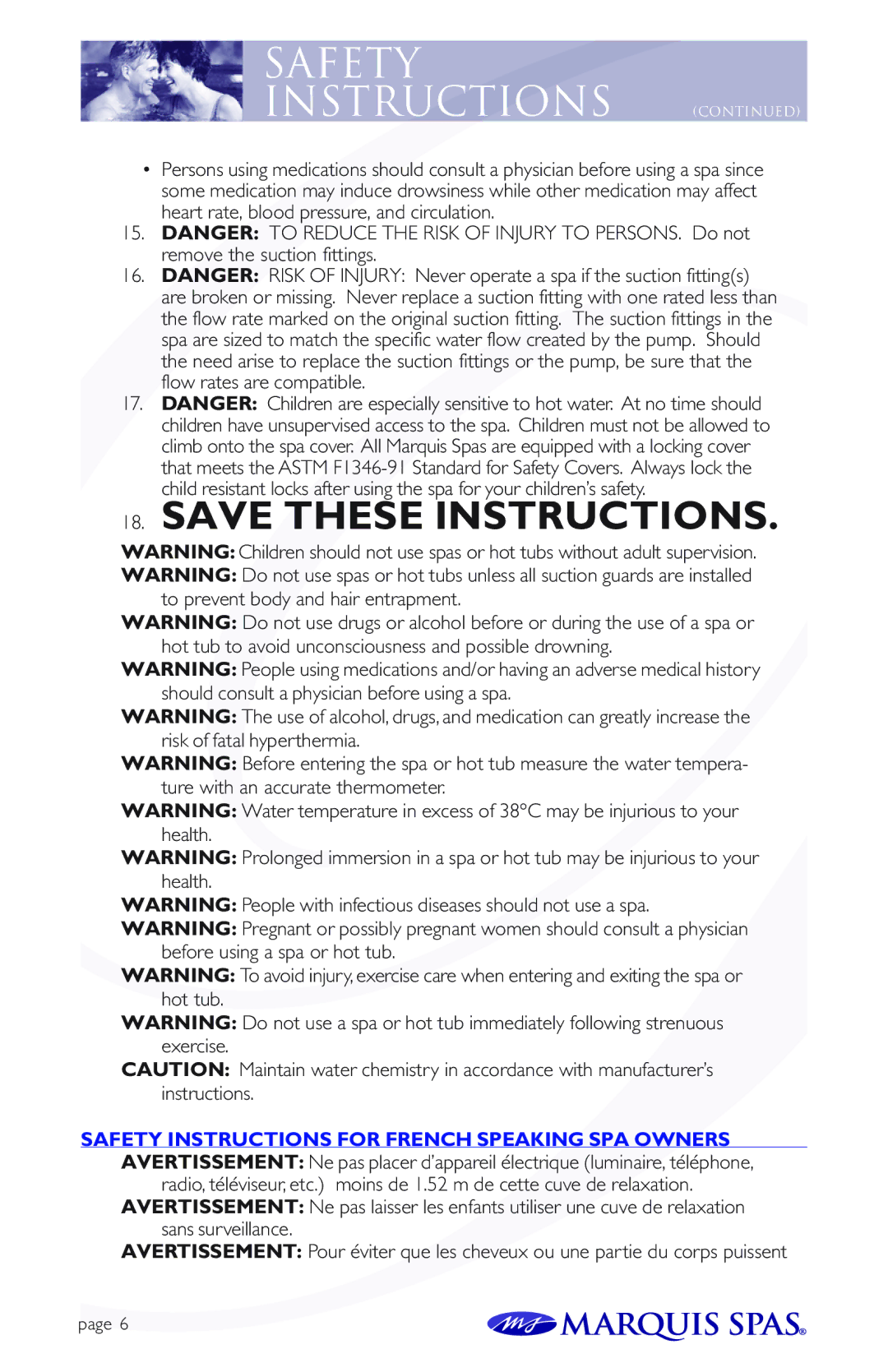 Marquis Spas owner manual Safety Instructions for French Speaking SPA Owners 