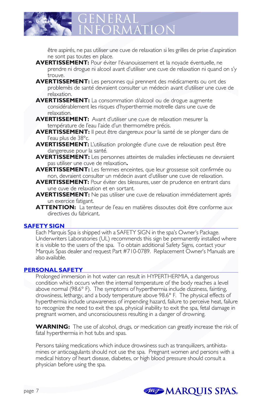 Marquis Spas owner manual General Information, Safety Sign Personal Safety 