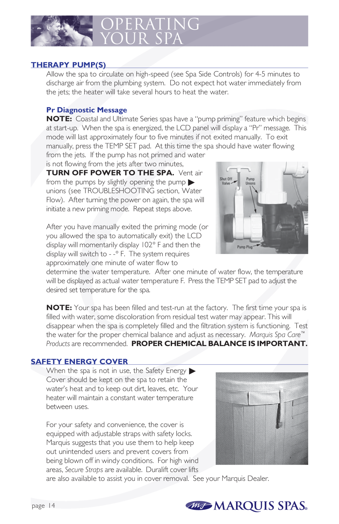 Marquis Spas owner manual Operating Your Spa, Therapy Pumps, Pr Diagnostic Message, Safety Energy Cover 