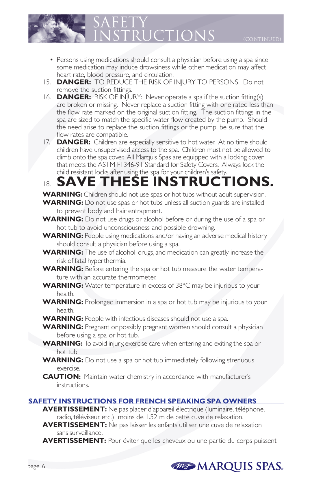 Marquis Spas owner manual Save These Instructions, Safety Instructions Continued 