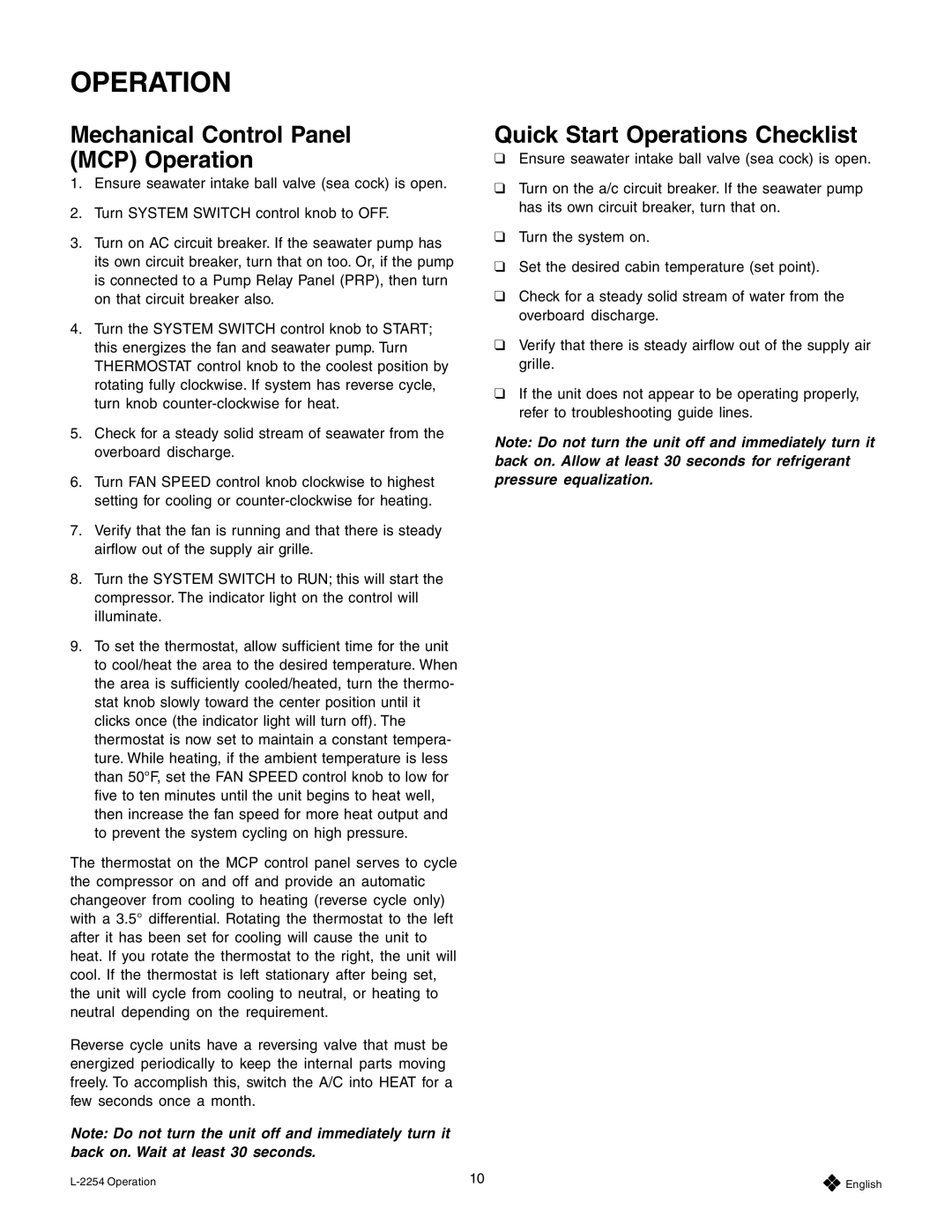 Mars Air Systems L-2254 manual Mechanical Control Panel MCP Operation, Quick Start Operations Checklist 