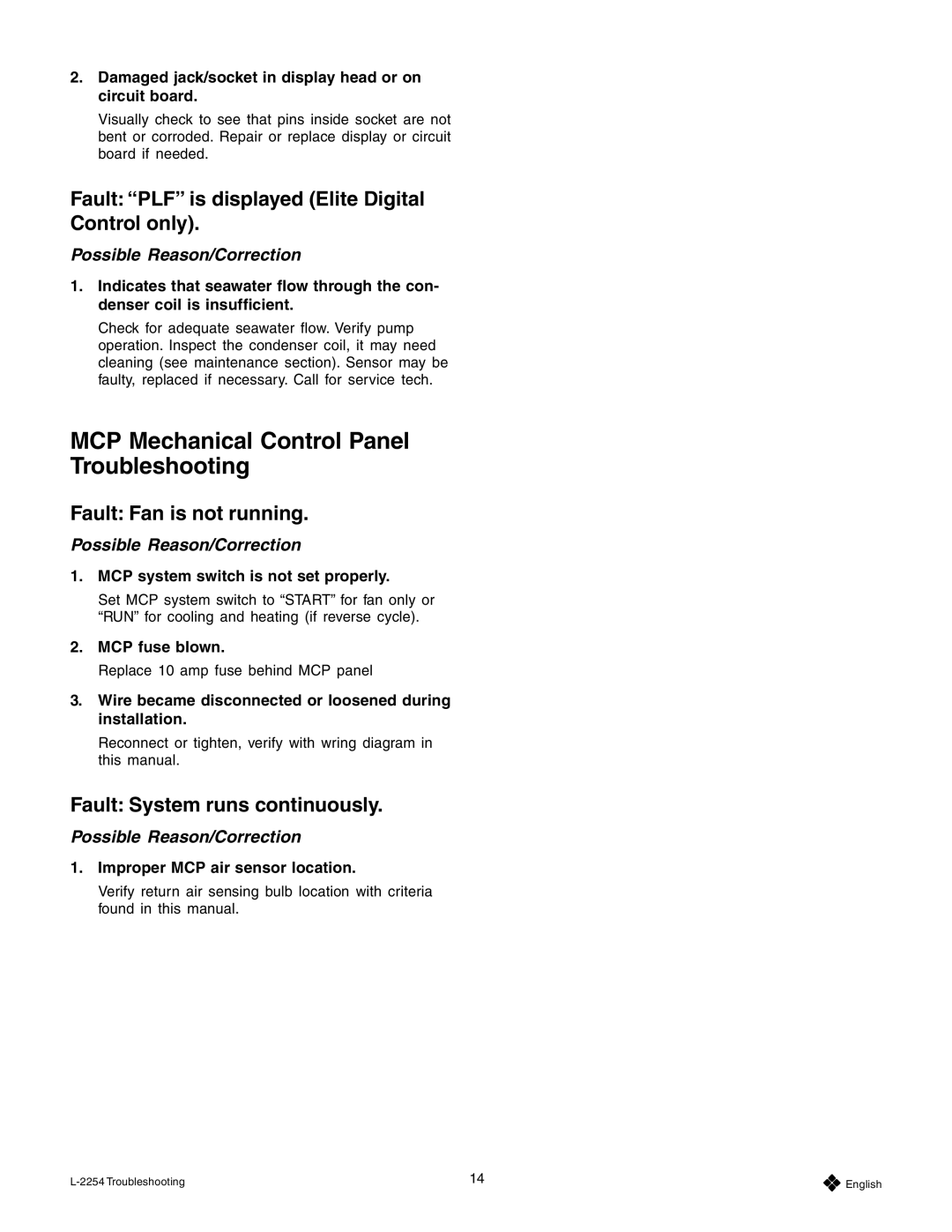 Mars Air Systems L-2254 MCP Mechanical Control Panel Troubleshooting, Fault PLF is displayed Elite Digital Control only 