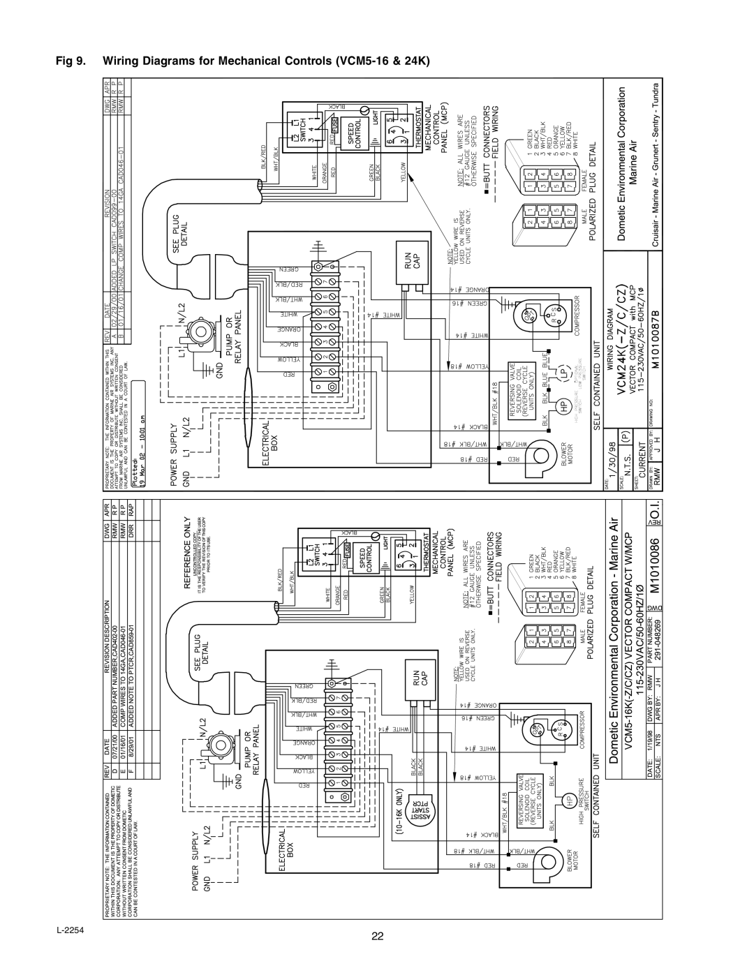 Mars Air Systems L-2254 manual Wiring Diagrams for Mechanical Controls VCM5-16 & 24K 