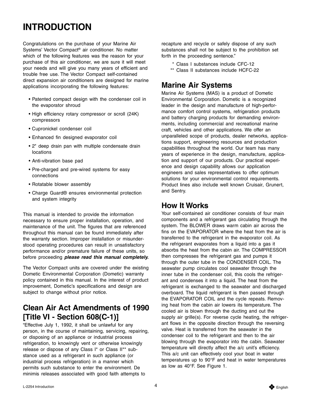 Mars Air Systems L-2254 Introduction, Clean Air Act Amendments of 1990 Title VI C-1, Marine Air Systems, How It Works 