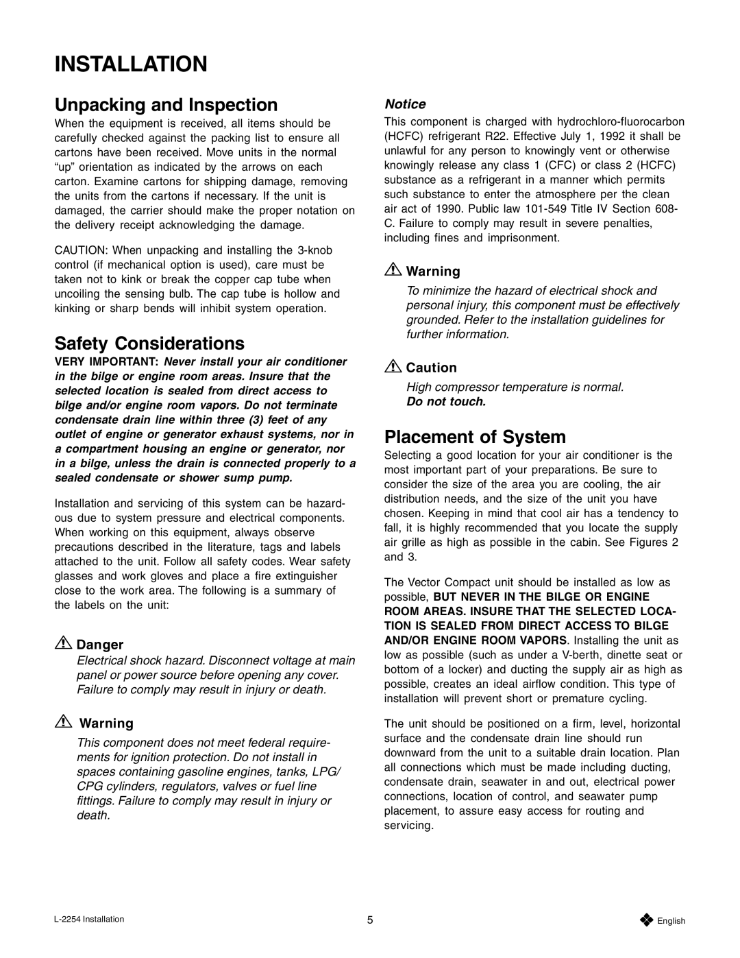 Mars Air Systems L-2254 manual Installation, Unpacking and Inspection, Safety Considerations, Placement of System 