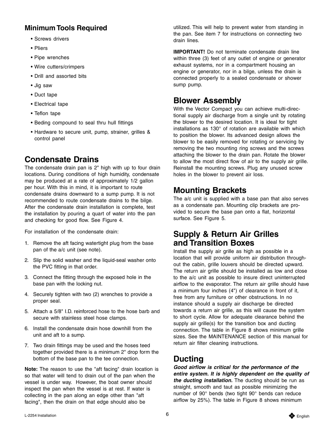 Mars Air Systems L-2254 manual Condensate Drains, Blower Assembly, Mounting Brackets, Ducting 