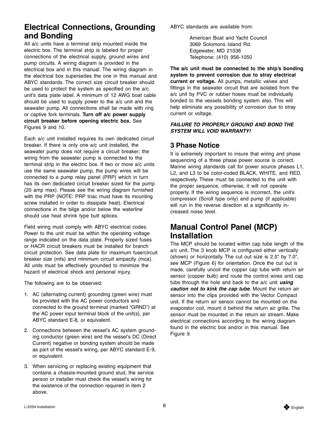 Mars Air Systems L-2254 Electrical Connections, Grounding and Bonding, Manual Control Panel MCP Installation, Phase Notice 