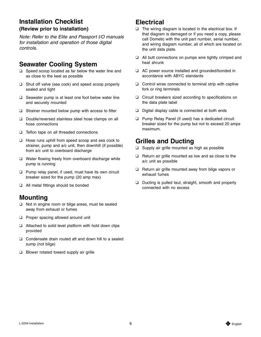 Mars Air Systems L-2254 manual Installation Checklist, Seawater Cooling System, Mounting, Electrical, Grilles and Ducting 