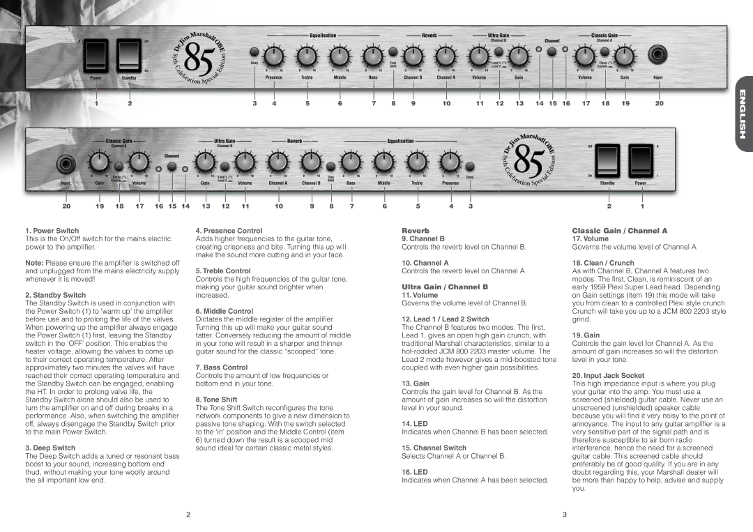 Marshall Amplification 1923C Power Switch, Standby Switch, Deep Switch, Presence Control, Treble Control, Middle Control 