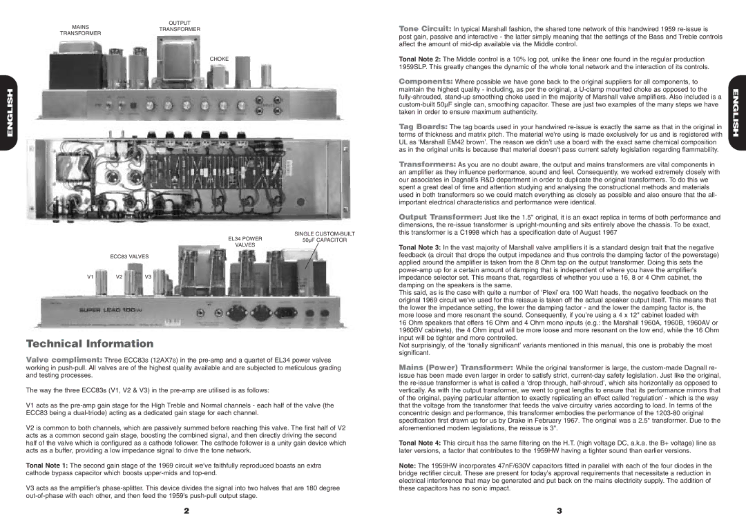 Marshall Amplification 1959HW manual Technical Information 