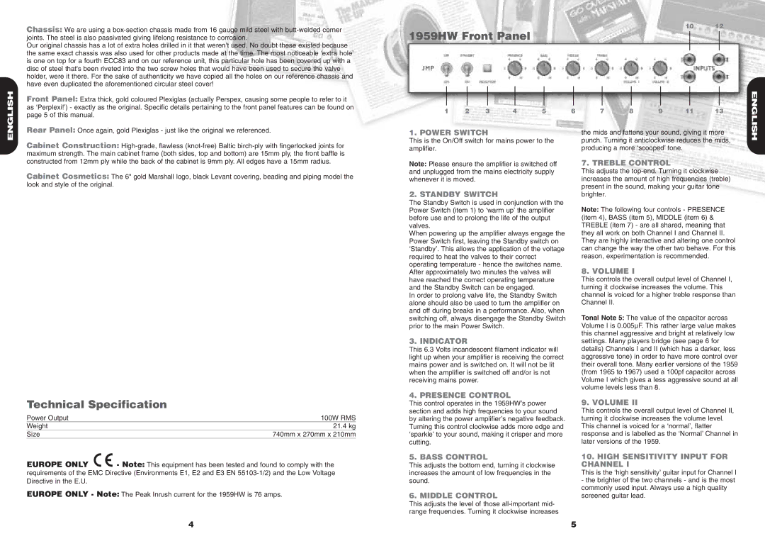 Marshall Amplification manual 1959HW Front Panel, Technical Specification 