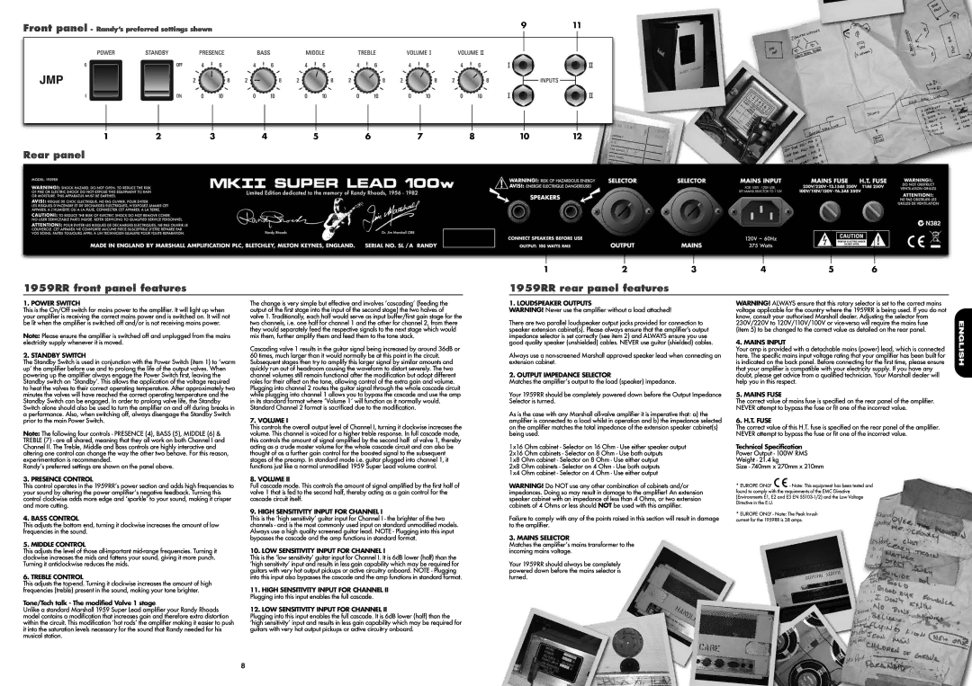 Marshall Amplification manual Rear panel 1959RR front panel features, 1959RR rear panel features 