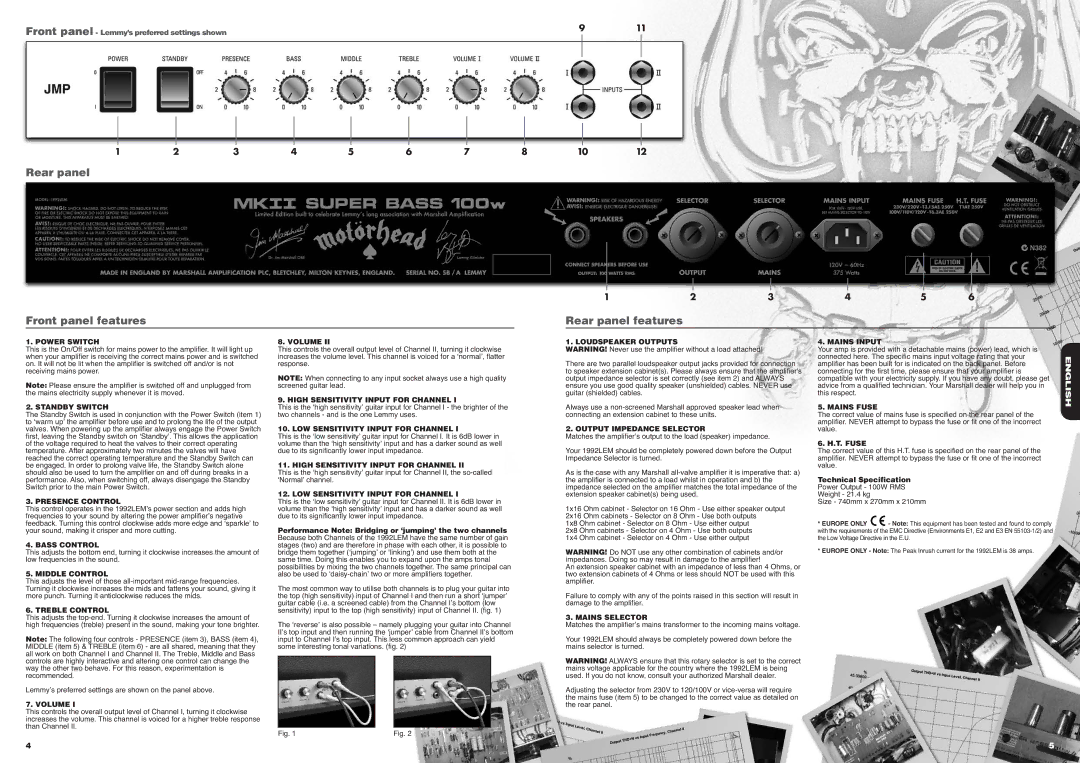 Marshall Amplification 1992LEM manual Rear panel Front panel features Rear panel features 