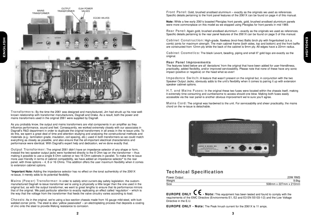 Marshall Amplification 2061X manual Technical Specification, Original, Power Output, Weight, Size 