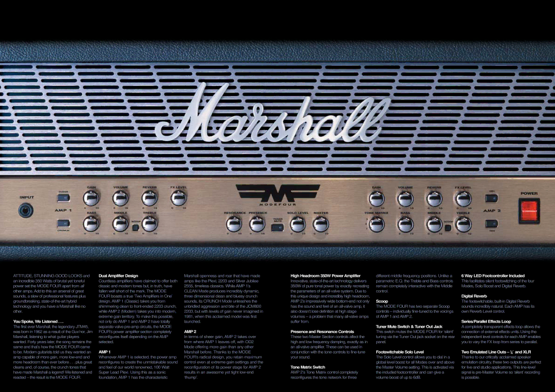 Marshall Amplification manual You Spoke, We Listened, Dual Amplifier Design, High Headroom 350W Power Amplifier, Scoop 