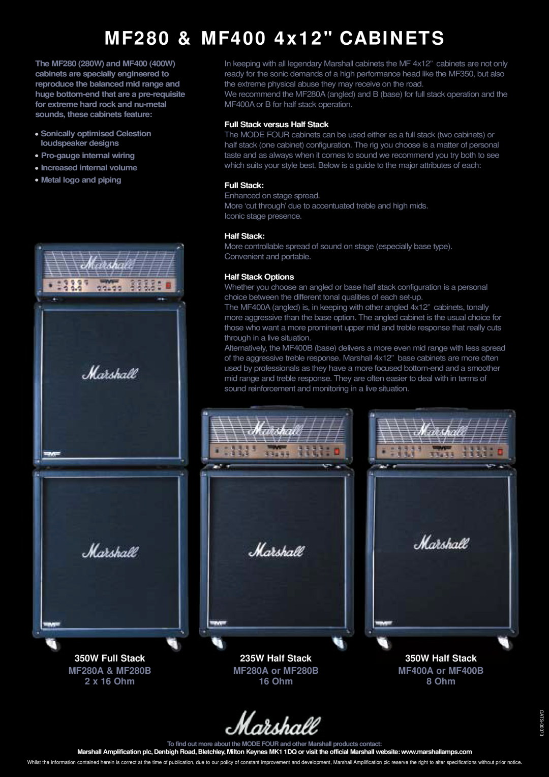 Marshall Amplification MF280 & MF400 4x12 CABINETS, 350W Full Stack, 235W Half Stack, 350W Half Stack, MF280A & MF280B 