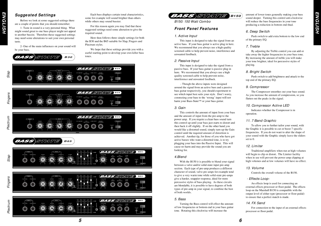 Marshall Amplification B 30, B 150, B 65 specifications Suggested Settings 