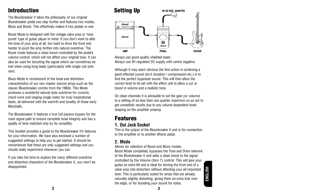 Marshall Amplification BB-2 owner manual Introduction, Setting Up, Features, Out Jack Socket, Mode 