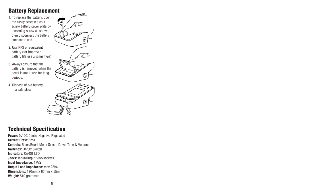 Marshall Amplification BB-2 owner manual Battery Replacement, Technical Specification 