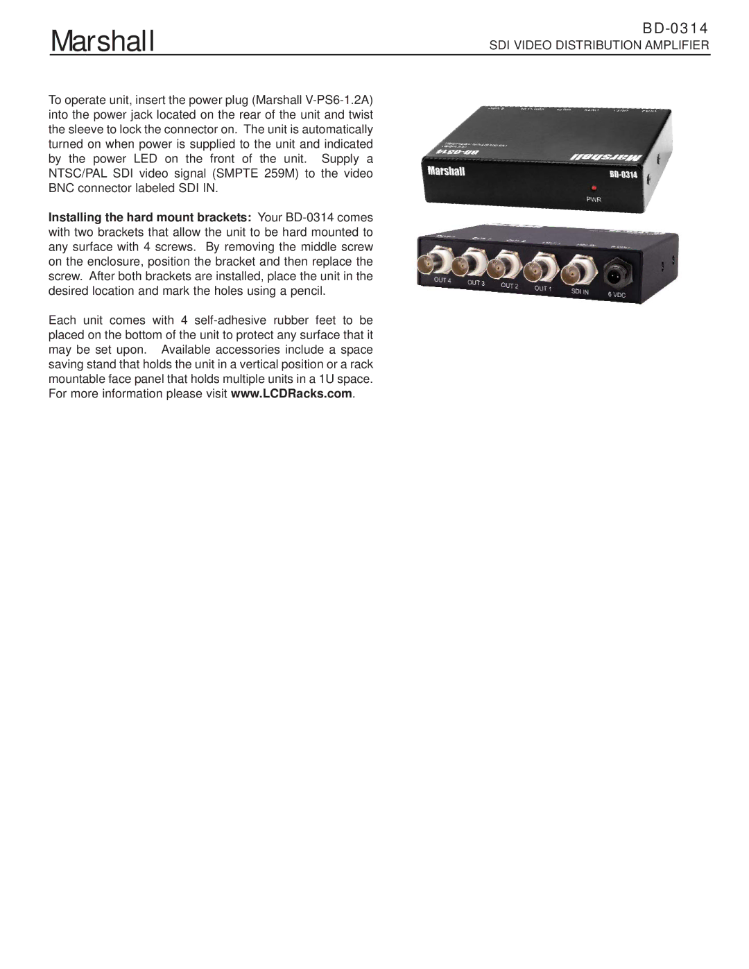 Marshall Amplification BD-0314 manual Marshall, SDI Video Distribution Amplifier 